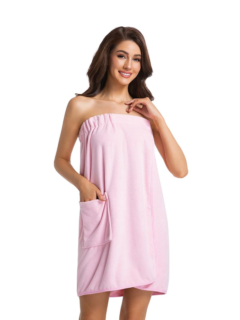 GUODDS Womens Towel Wrap Bath Robe Lightweight Spa Body Wrap Shower Adjustable Snap Closure Pink XL