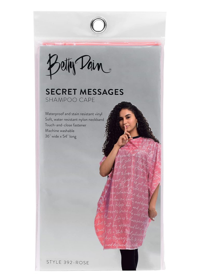 Betty Dain Hair Stylist Shampoo Cape, Waterproof & Stain Resistant Vinyl, Soft Nylon Neckband, Durable & Reusable Client Cover, Touch-and-close Fastener, 36 x 54 inches, Secret Messages - Rose