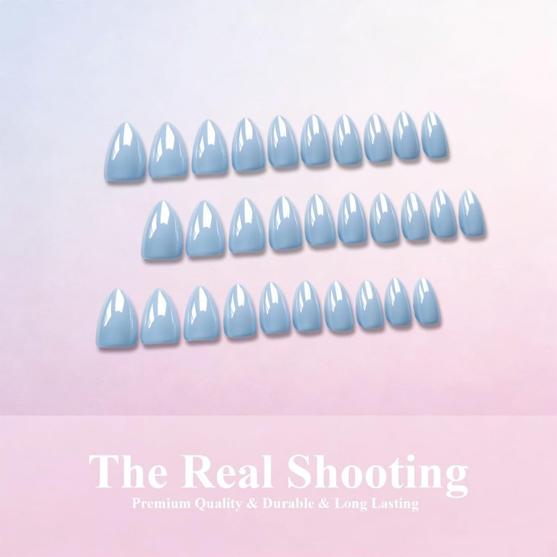 Chrome Baby Blue Press on Nails Short Almond, Shiny Soft Gel Fake Nails with Glazed Sparkle UV Finish, 30 Pcs Designed Glue on Nails Short Stiletto, Reusable Thick Cute Nail Set with Glue