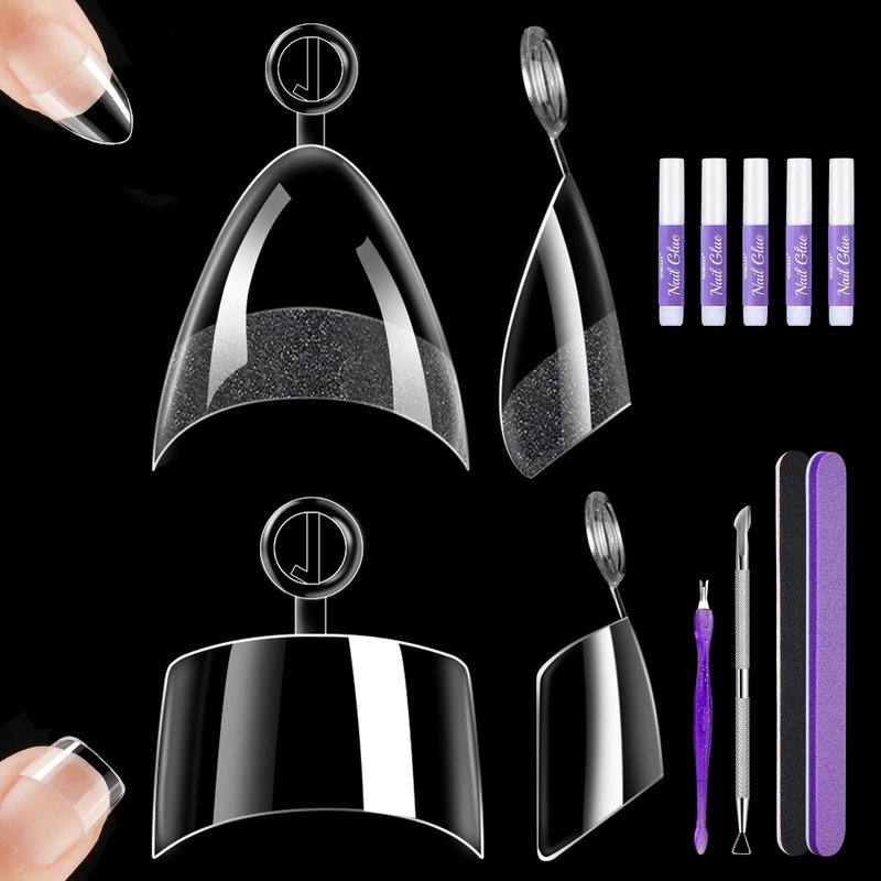 480 Pcs Extra Short Almond Nail Tips, Half Cover Square Nail Tips, 2 Shape Clear Short Fake Nails with Glue, Pre Shape Acrylic Nails with Files and Cuticle Fork for Salons and Home DIY