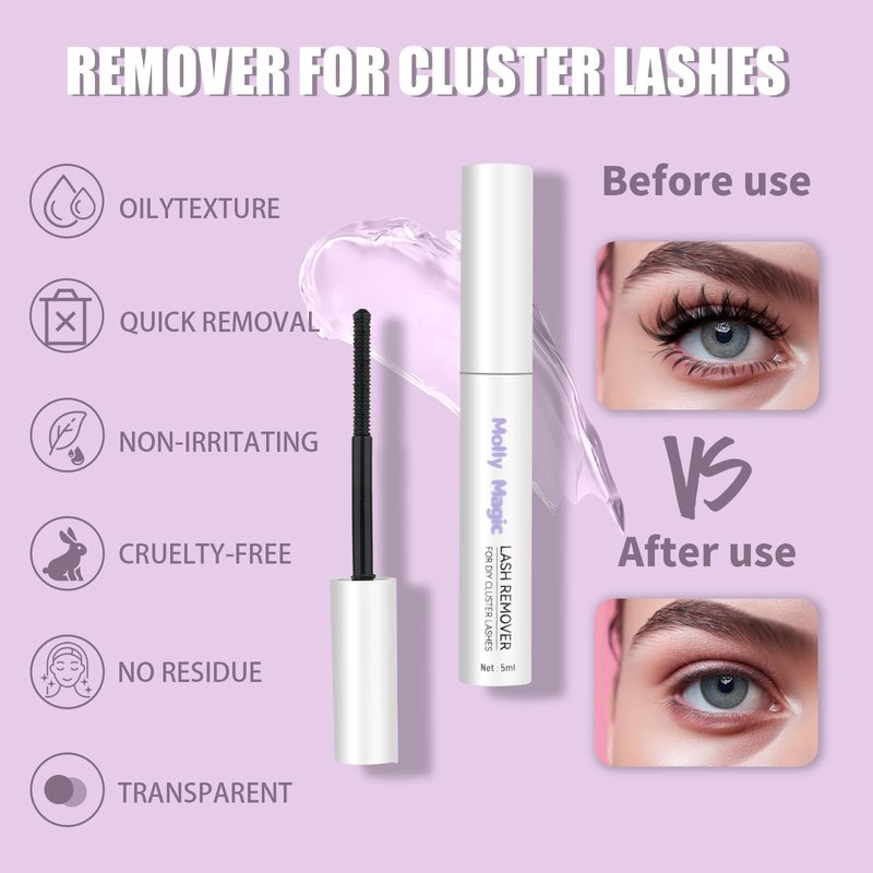 Molly Magic Lash Bond and Seal and Remover kit,Waterproof for Lash Clusters, 150H Super Hold, Long-Lasting extention and Non-Irritating Eyelash Glue for DIY at Home.