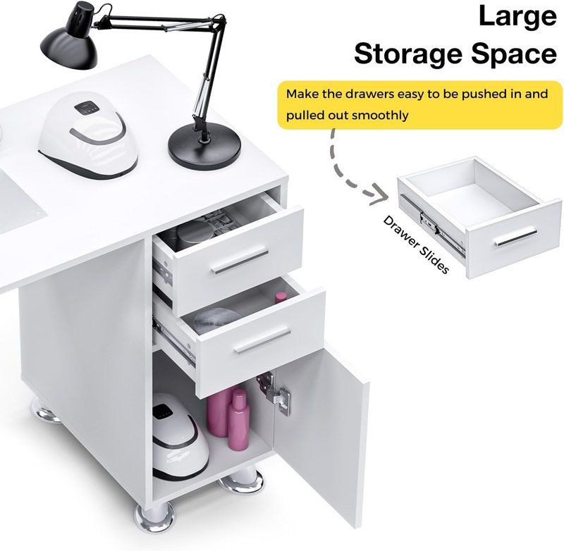 Skiennix Manicure Table - Acetone Resistant Nail Tech Desk with Dust Collector & Storage Drawers | White