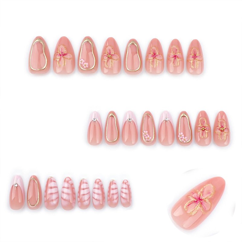 24Pcs 3D Flower Press on Nails Medium Square Fake Nails Pink French Tip Artificial Nails with Star Rhinestones Design Gilding Full Cover Glue on Nails Nude False Nails Spring Stick on Nails for Women
