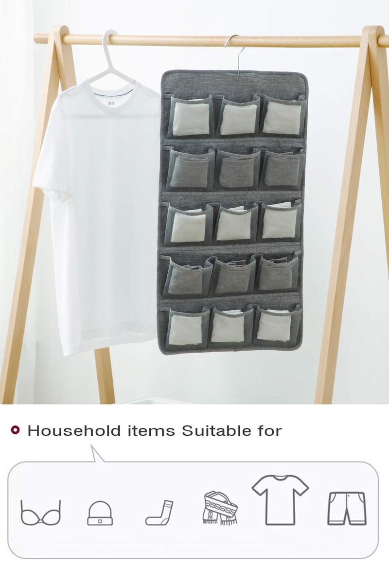 AARAINBOW Hanging Bra Organizer with Pockets, Hanging Sock Organizer, Dual Sided Hanging Closet Underwear Storage Holder for Lingerie, Panty Tie (20 Pockets, Gray)