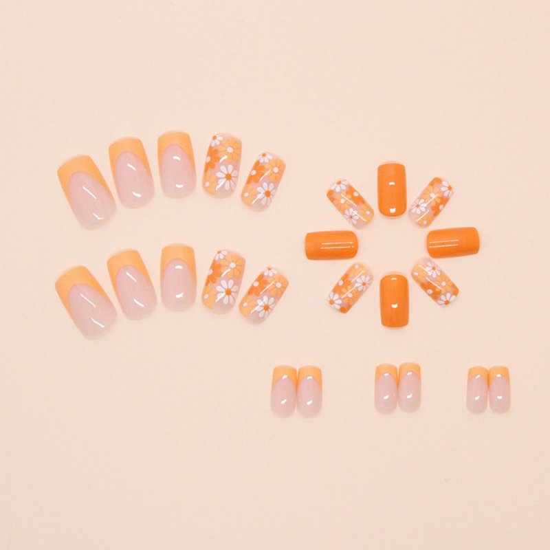 Flower Press on Nails Short Square Fake Nails French Tip False Nails Glossy Full Cover Acrylic Nails Orange Glue on Nails Artificial Stick on Nails for Women Manicure 24 Pcs