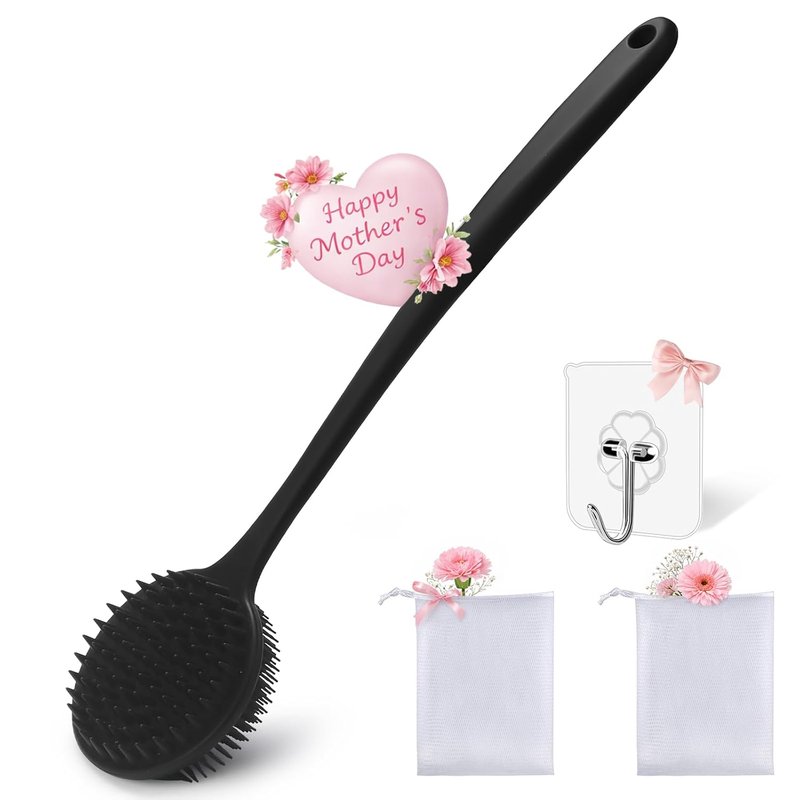 Silicone Body Scrubber - Dual-Sided Exfoliating Shower Brush for Men & Women | Long Handle, Includes 1 Hook & 2 Lather Balls - Black