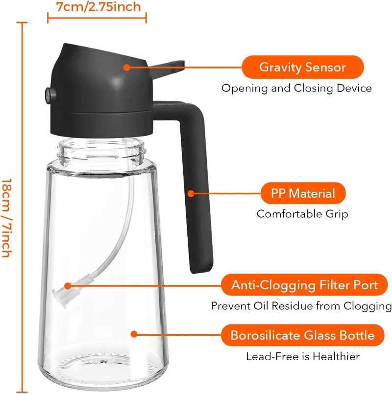 Glass Olive Oil Sprayer - 16oz Food Grade Spray Bottle for Cooking | Premium 2-in-1 Dispenser for Salad, Frying, BBQ (Black)