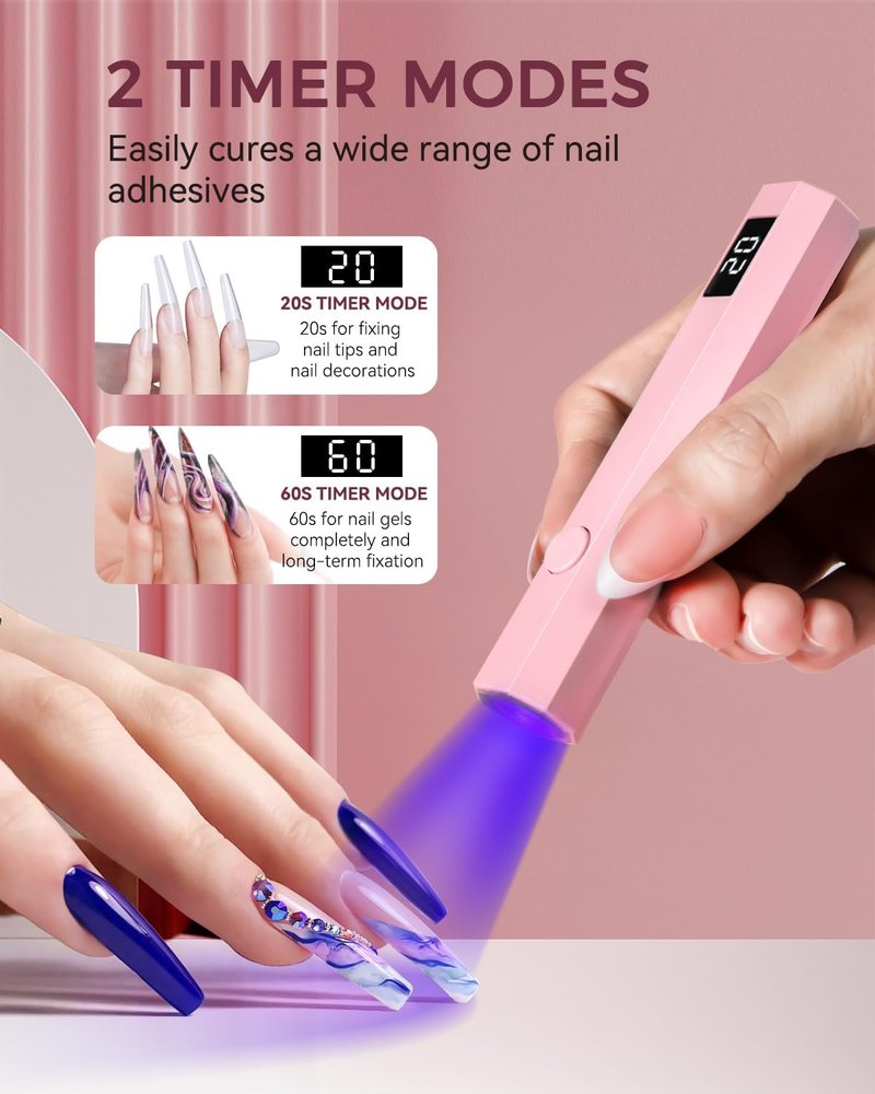 Mlogiroa UV Nail Light - Handheld 3W LED Lamp with 2 Timer Settings for Gel Polish | Portable Pink Design
