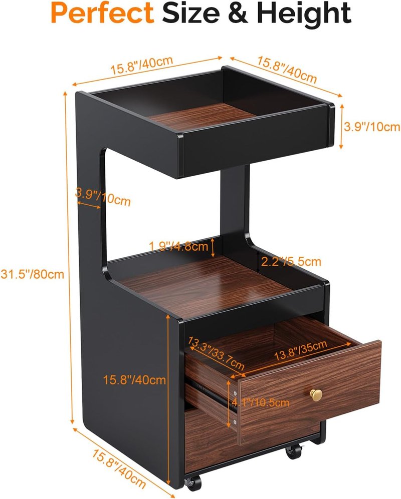OmySalon Salon Trolley Cart - Mobile Esthetician Storage with Wheels | 2 Drawers, Open Shelf, Black Walnut