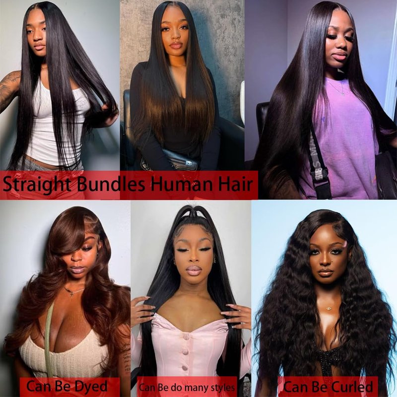 Oshiney Human Hair Bundles Straight 26-30 Inch 100% Unprocessed Brazilian Virgin Hair Weave 3 Bundles Silky Black Hair for Black Women