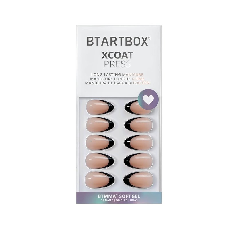 BTArtbox Press On Nails - Short Black French Almond Design | 32 Soft Gel Nails Kit with Glue & Adhesive Tabs