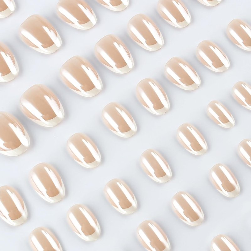 Glossy White French Tip Press-On Nails - Short Almond Shape | 32 Pcs Full Cover Chrome Stick-On for Women