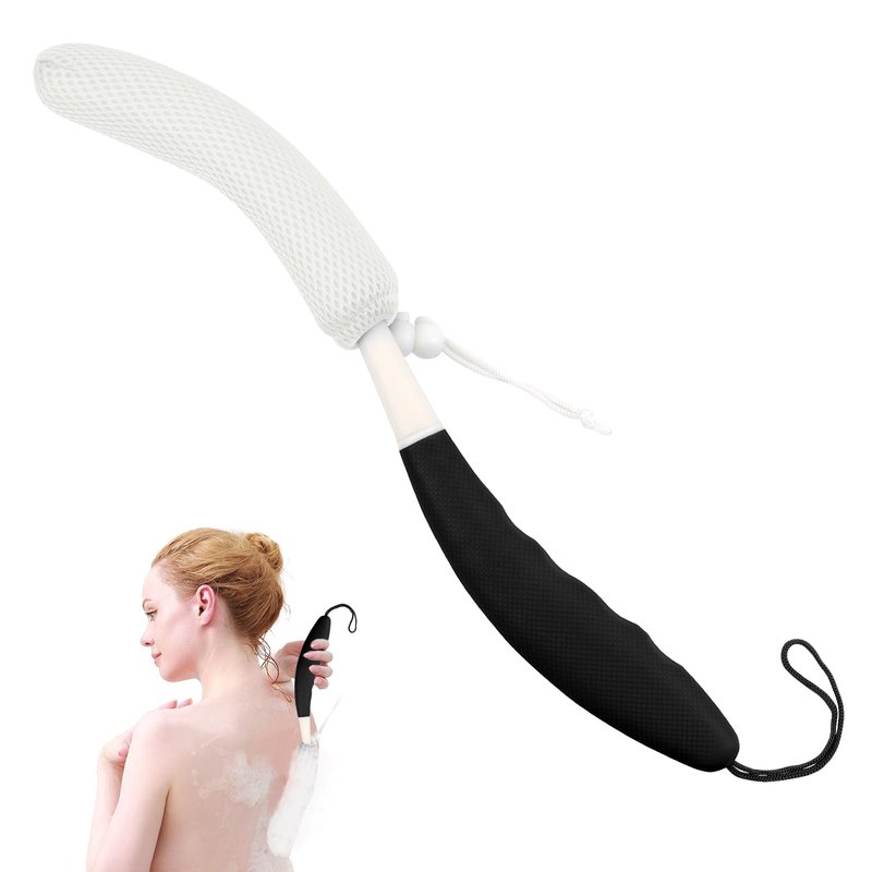 KkaFFe Back Scrubber for Shower，Mesh Sponge Body Shower Brush with Long Handle for Use in Shower Back Scrubber,Back Scrub for Exfoliating Body Scrubber or Shower Brush (Blue and White)