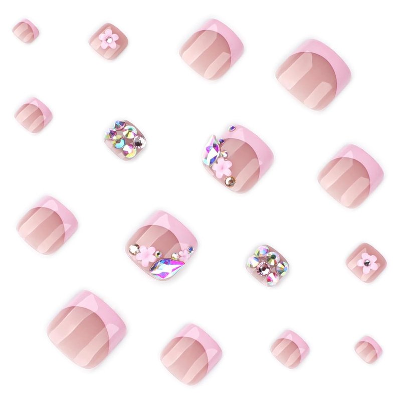 Press-On Toenails - Pink French Tip Floral Design with Rhinestones | Short Square Full Cover for Women