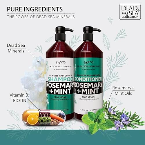 Dead Sea Collection Shampoo and Conditioner Set for Strengthening and Volume - Pure Dead Sea Minerals, Rosemary and Mint ? Hair Care - Nutrition, Repair and Shine - Pack of 2 (33.8 & 30.6 Fl. Oz)