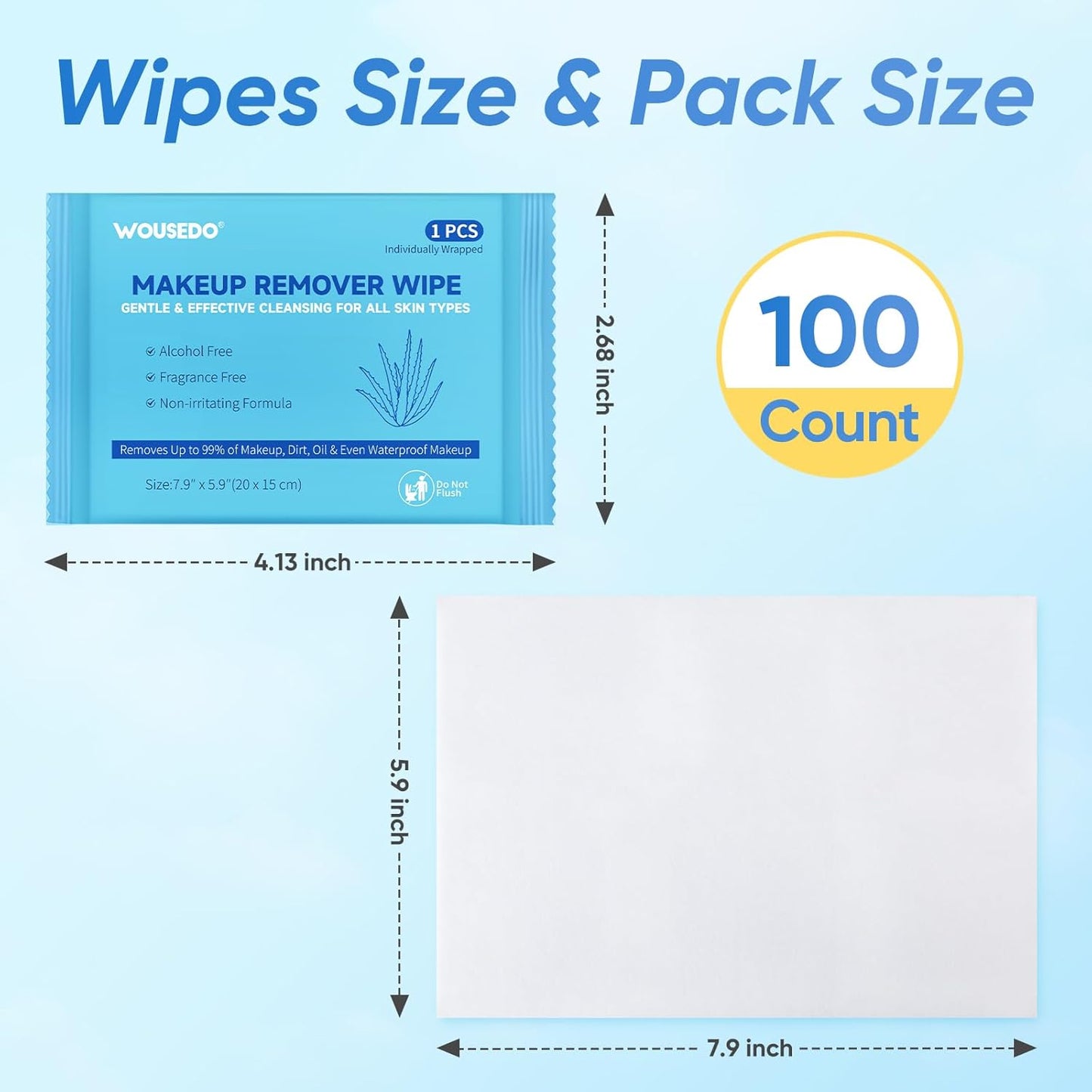 WOUSEDO Makeup Remover Wipes - 100 Count Gentle Cleansing Towelettes | Alcohol-Free & Hypoallergenic