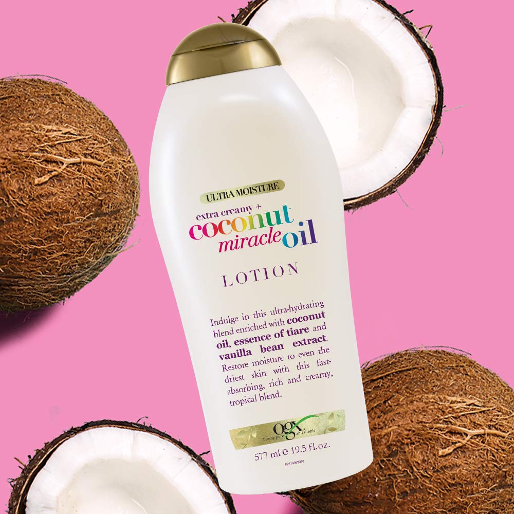 OGX Extra Creamy + Coconut Miracle Oil Ultra Moisture Body Lotion with Vanilla Bean, Fast-Absorbing Body Lotion for All Skin Types, Paraben-Free and Sulfated-Surfactants Free, 19.5 Ounce