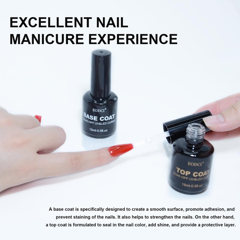 eodci 2Pcs 15ml No Wipe Base Top Coat Set, Shine Finish Soak Off Gel Base Top Coat Long Lasting LED Nail Lamp for Gel Nail Polish Salon Quality Nail Manicure Gifts