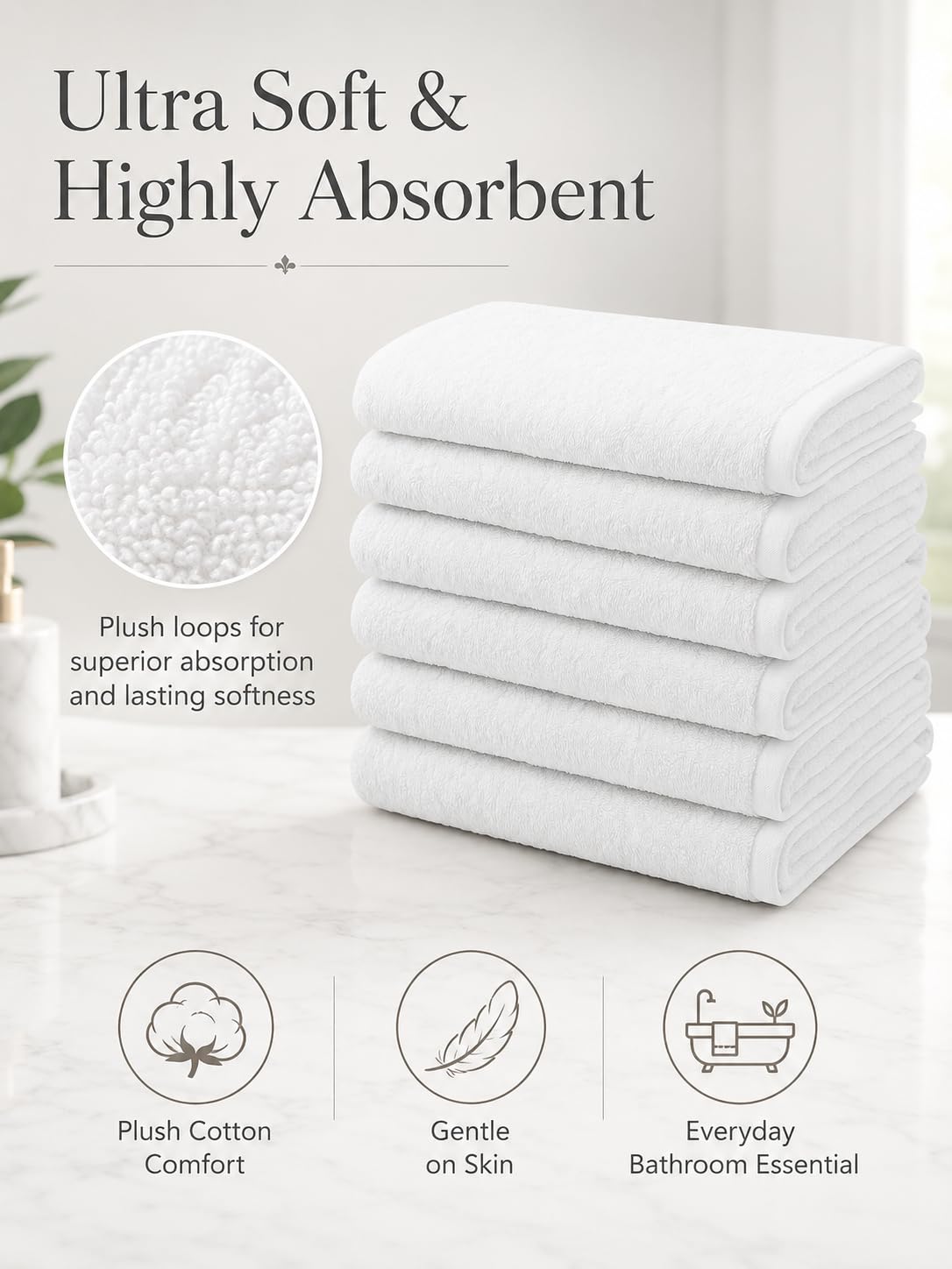 BIOLINEN White Bath Towels Set 6 Pack 24x48, 100% Cotton Towels for Bathroom, Soft Absorbent Quick Dry Towels for Gym Spa Hotel Pool, Bulk Bath Towel