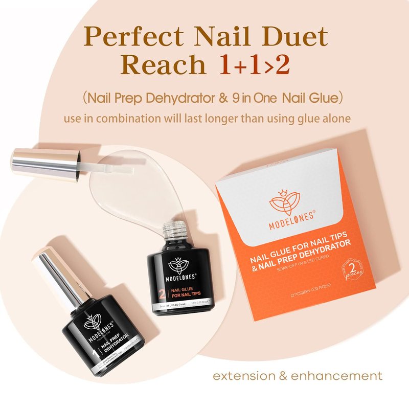 modelones 9 in One X Gel Nail Glue Prep Dehydrator for Nail Tips, Acrylic & False Press On Nails, Blooming Gel Adhesive Bond Base Coat Long Lasting Need U V DIY Home Salon Manicure Gift For Women
