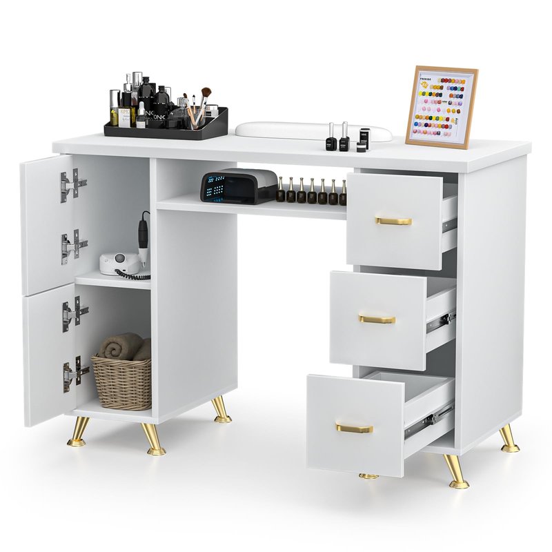 Charmmade Nail Desk for Nail Tech, Professional White Nail Desk with Wrist Pad, Acetone-Resistant Manicure Table with Storage Cabinet, Sturdy Metal Legs Nail Table for Salon, Spa, Home(White-Gold)