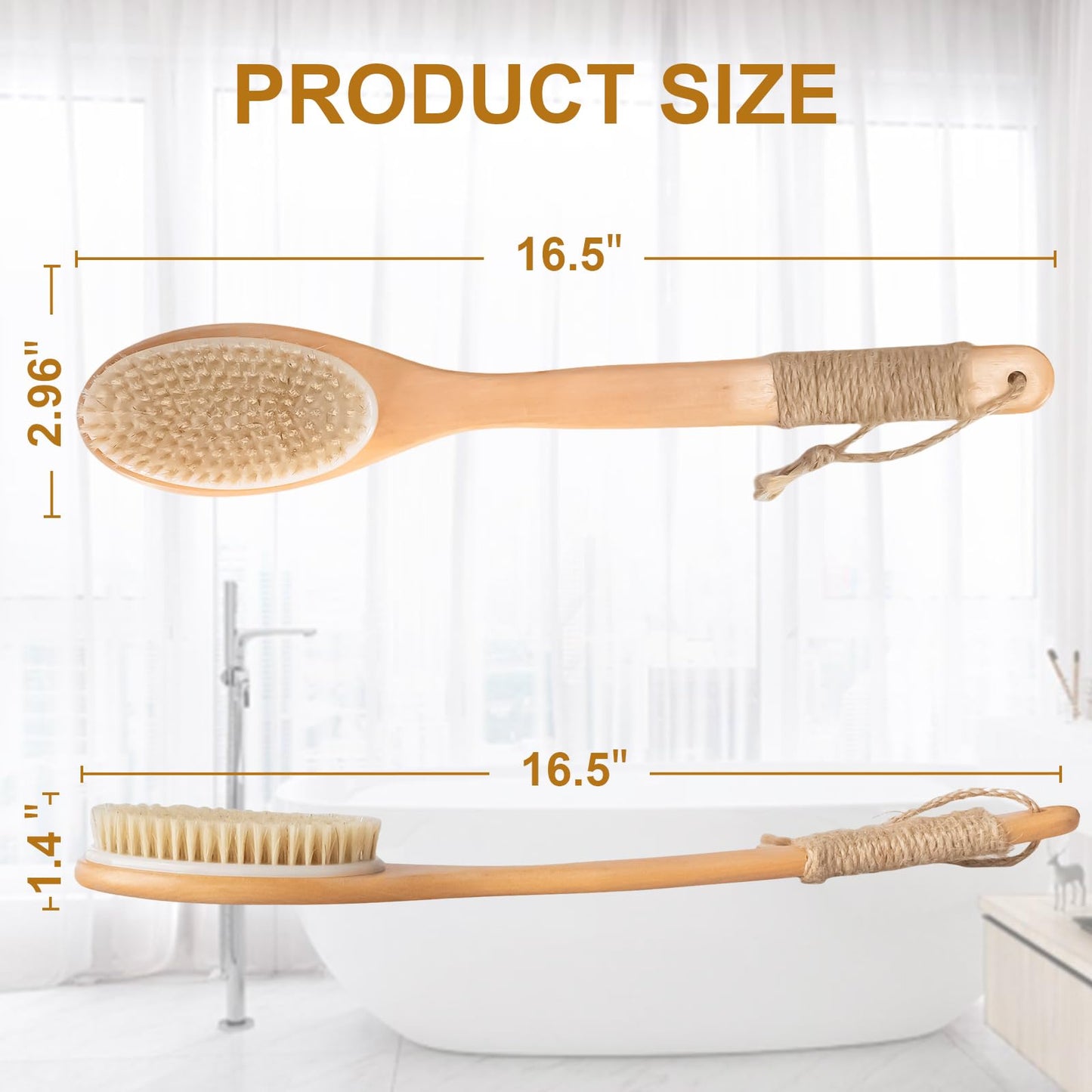 16.5 Inches Back Scrubber for Shower with Curved Long Handle,Wet&Dry Brushing Body Brush,Natural Bristles,Back Scrubber Bath Tool for Men & Women