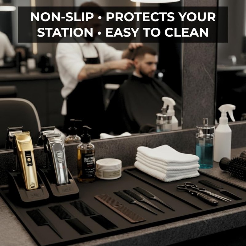 HAPPYPOSH Extra Large Barber Mat 20" x 14", Professional Non-Slip Barber Station Mat for Clippers & Tools, Rubber Barber Organizer Counter Pad, Easy-Clean Barbershop Workstation Mat. Black