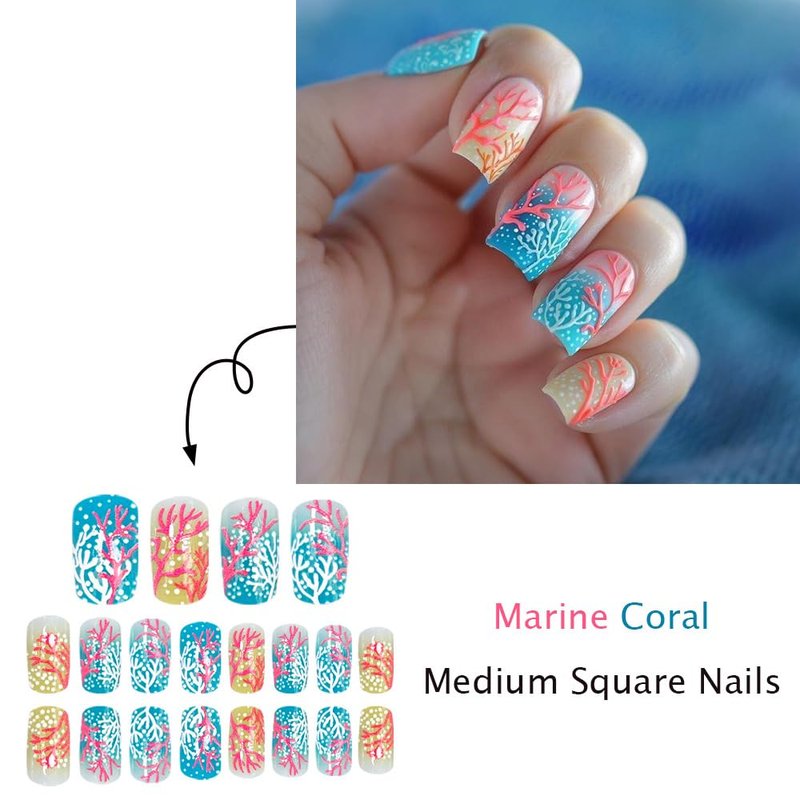 CEWEWP Ocean Press on Nails Medium Square Fake Nails with Red Coral Design Glossy False Nail Summer Acrylic Nails Kit with Jelly Glue Reusable Full Cover Stick on Nails for Women 24Pcs