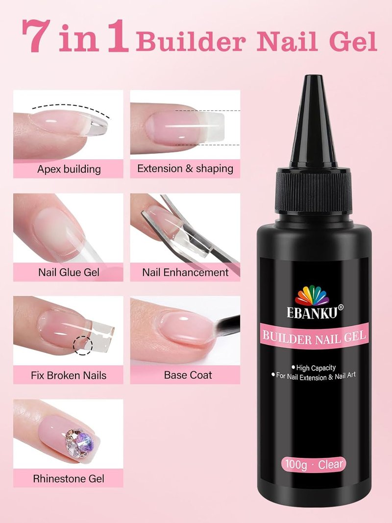 EBANKU Builder Gel for Nails - Clear Strengthener, Long-Lasting Soak Off, 100ml for DIY Art Manicure
