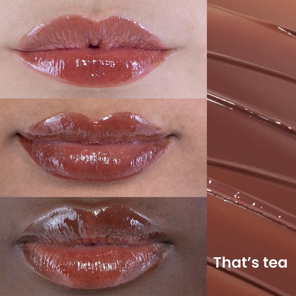 wuv.u Glossy Lip Stain – Plumping Hydrating Lip Oil Tint with Hyaluronic Acid & Peptide Complex – Non-Sticky High Shine Pigmented Finish – That’s Tea (Brown) 0.11 oz.