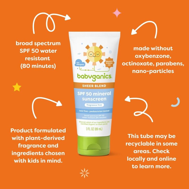 Babyganics SPF 50 Mineral Sunscreen Lotion - Sheer Blend, UVA/UVB Protection, Water Resistant, 3 oz