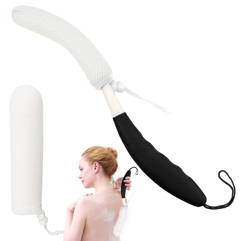 KkaFFe Shower Back Brush with Long Handle, 15.35" Body Brush, Long Back Scrubber for Men Women, Long Handled Sponge Body Exfoliator, Loofah Back Scrubber for Aid Bathing（Black）