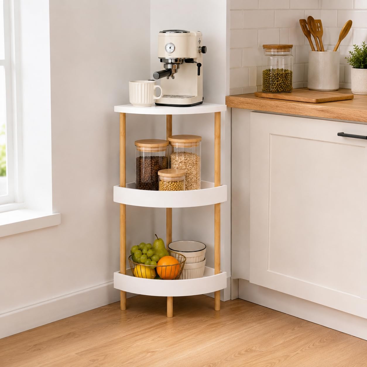 WSLUKVII 3-Tier Bamboo Corner Shelf - No Screws, Twist & Lock Assembly in 5 Mins, 5-Layer Lacquer Finish, Sturdy & Anti-Tip Design for Kitchen, Bathroom, Living Room, Easy to Clean