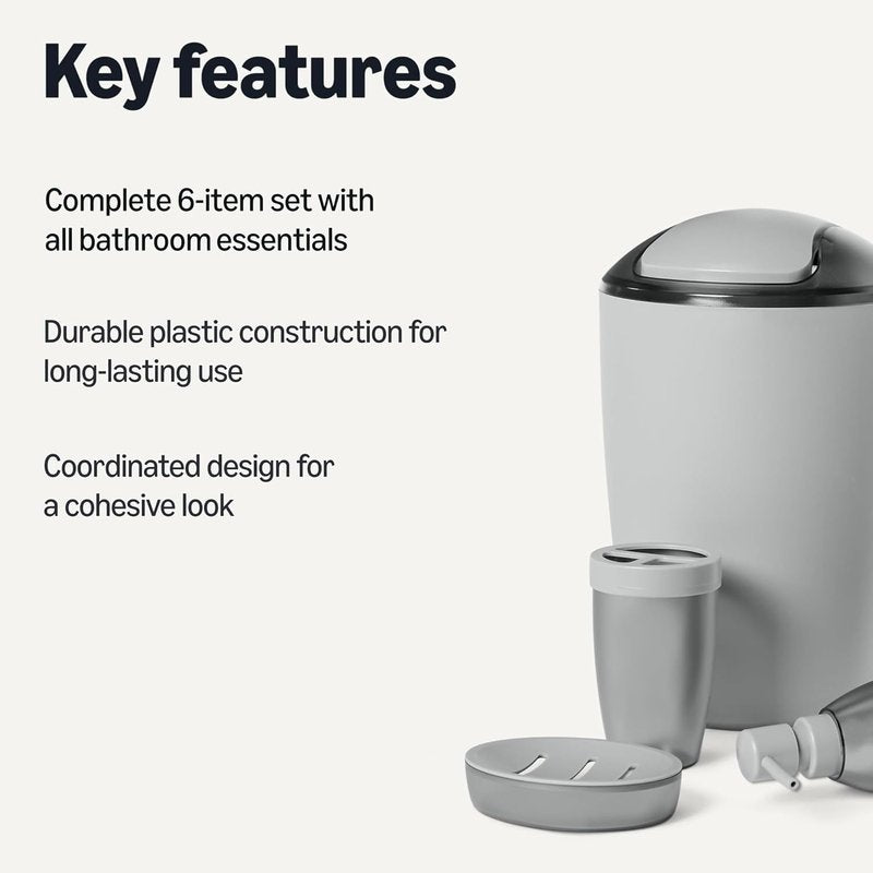 Bathroom Set - 6-Piece Grey Bathroom Accessories with Toothbrush Holder, Soap Dispenser & More