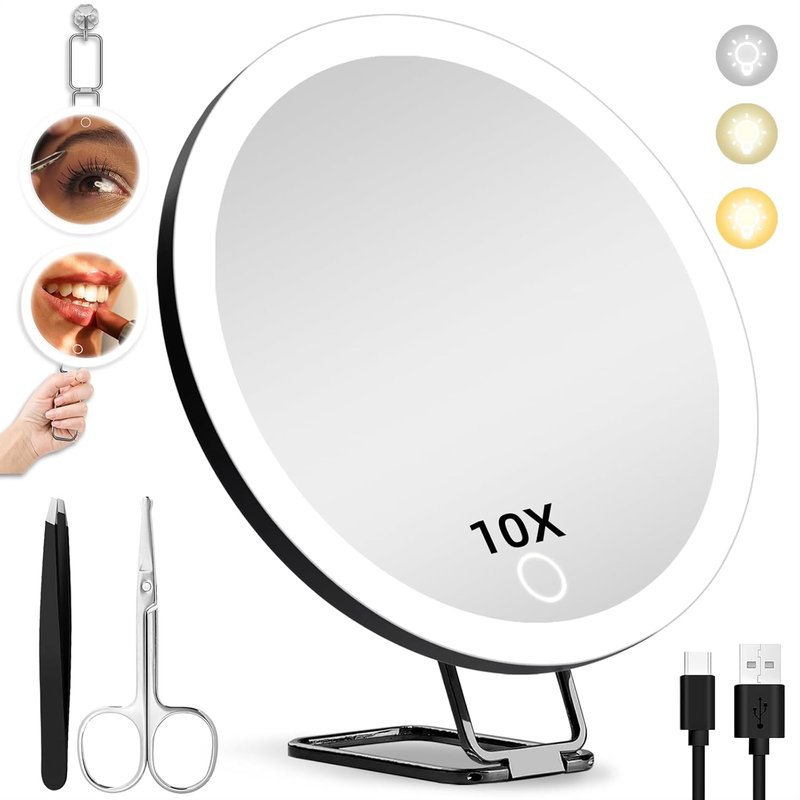 10X Magnifying Mirror with Lights - 6-Inch Lighted Makeup Mirror with 3 Suction Cups & 360° Adjustable Bracket | Includes Tweezers & Scissors