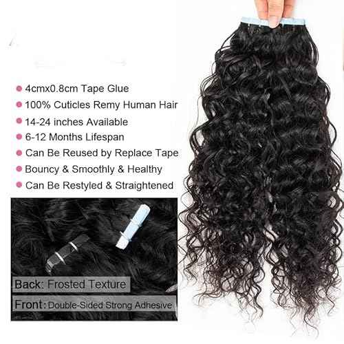 28Inch Long Tape in Hair Extensions for Women Water Wave Human Hair Skin Weft Seamless Invisible PU Tape Double Sided 50g 20pcs/Pack Adhesive Curly Hair 4-6 Packs for Full Head