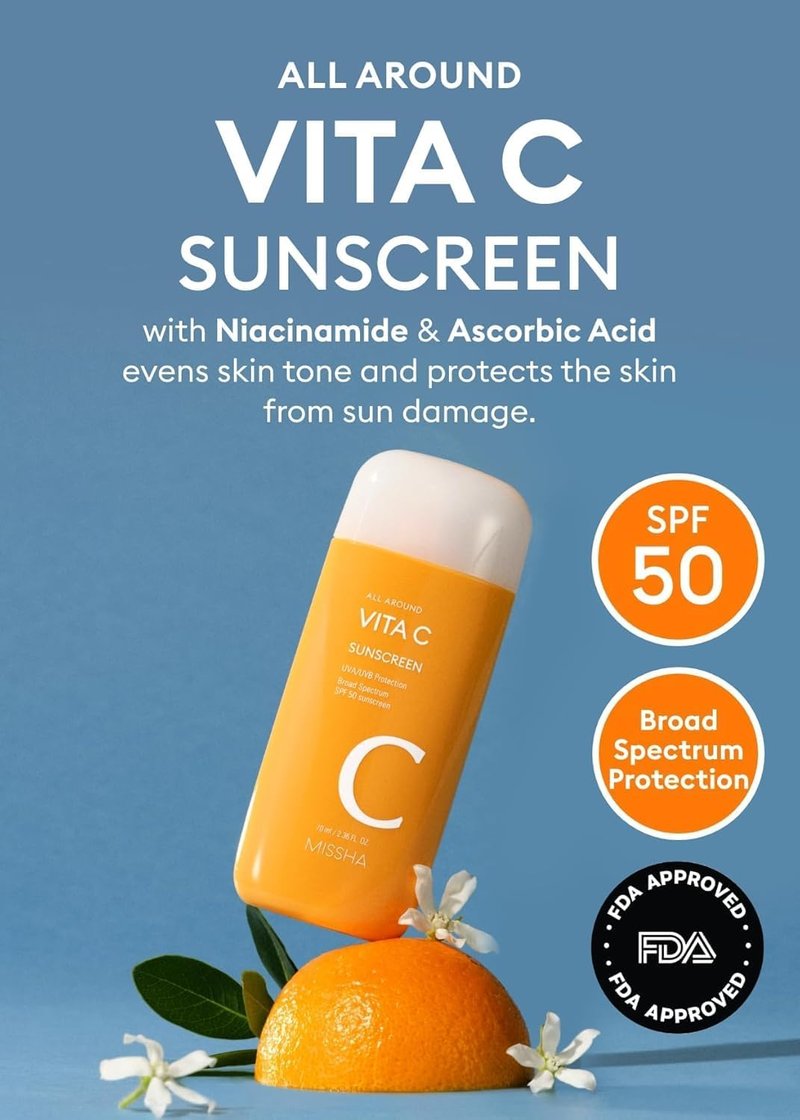 MISSHA All Around Vita C Sunscreen SPF 50 | Lightweight Korean Sunscreen for Even Tone, 2.36 Fl Oz