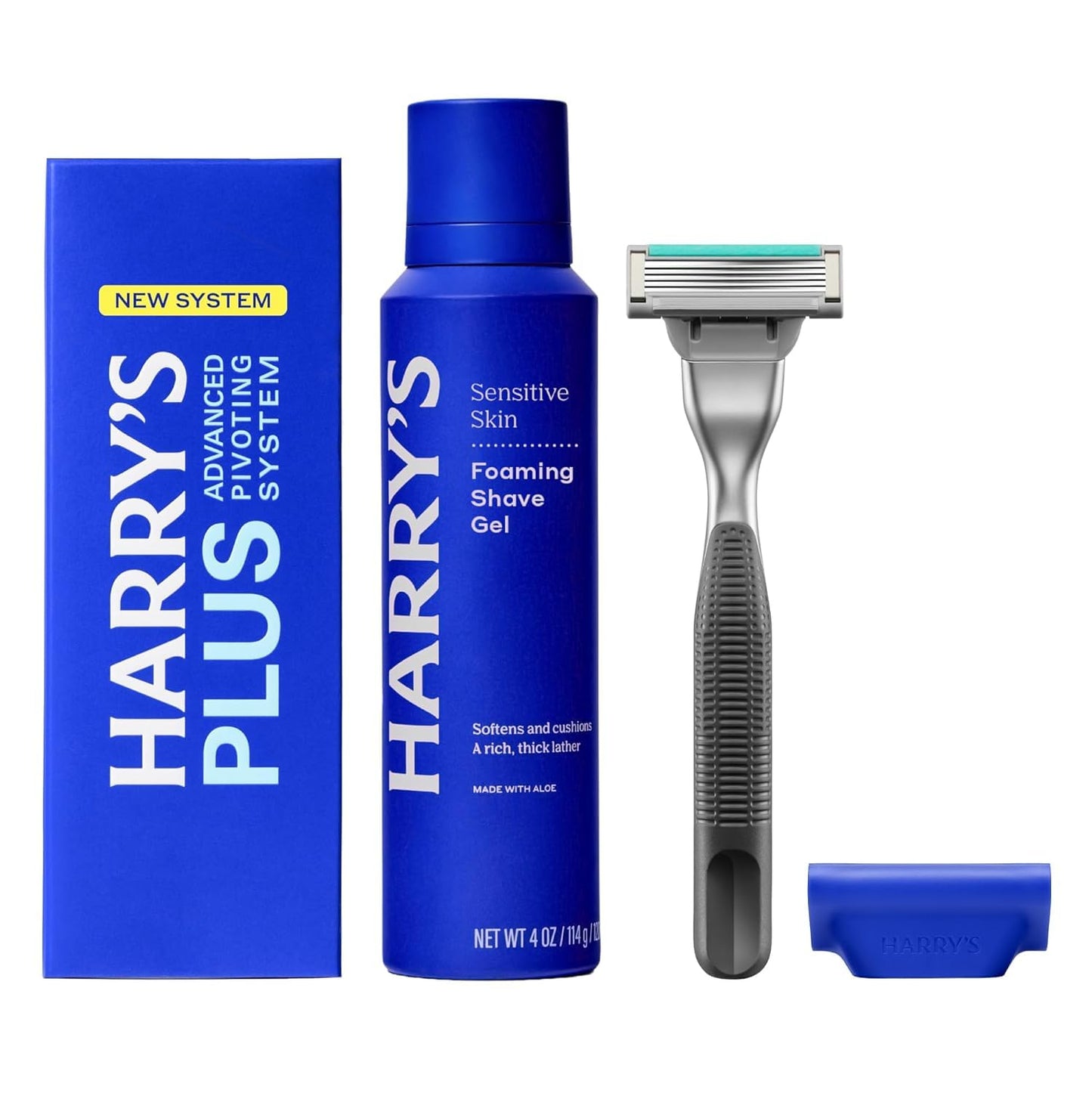 Harry's Plus Trial Shaving Kit for Men - Premium Handle, Razor Blade Cartridge, Foaming Shave Gel, and Travel Blade Cover - Advanced Pivoting System - Onyx