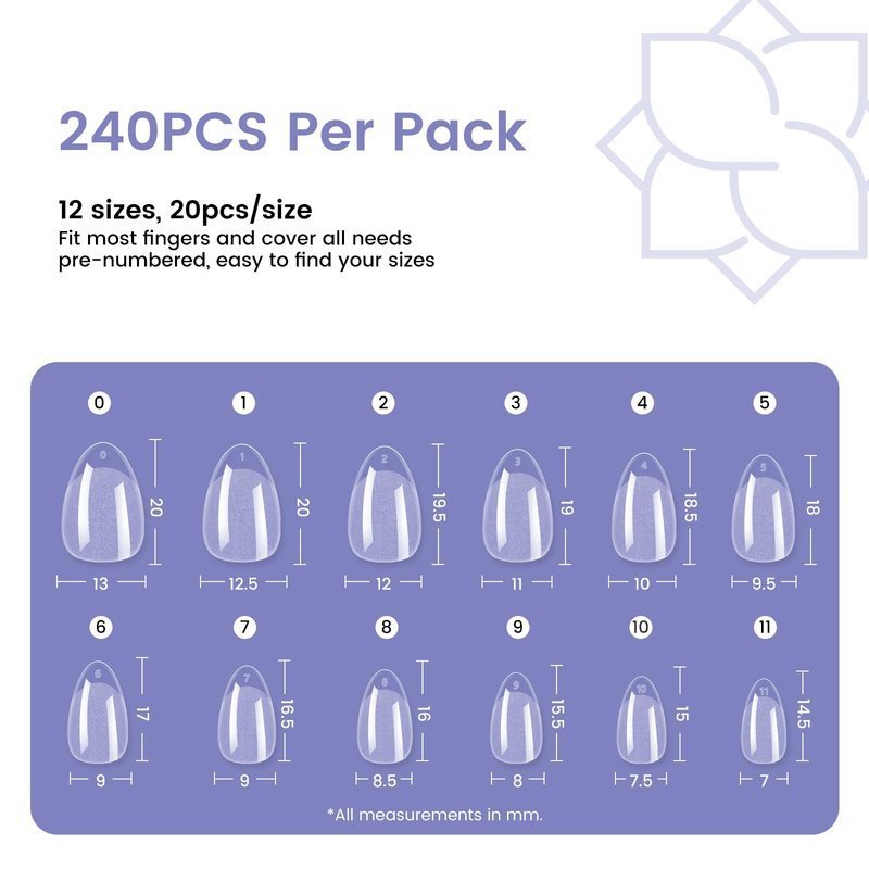 Extra Short Almond Nail Tips: 240Pcs Small Clear Almond Nails Soft Gel Fake Nail Tips for Nail Extension, 12 Sizes Full Cover Clear Press on Nails for Girls for Home DIY Salon