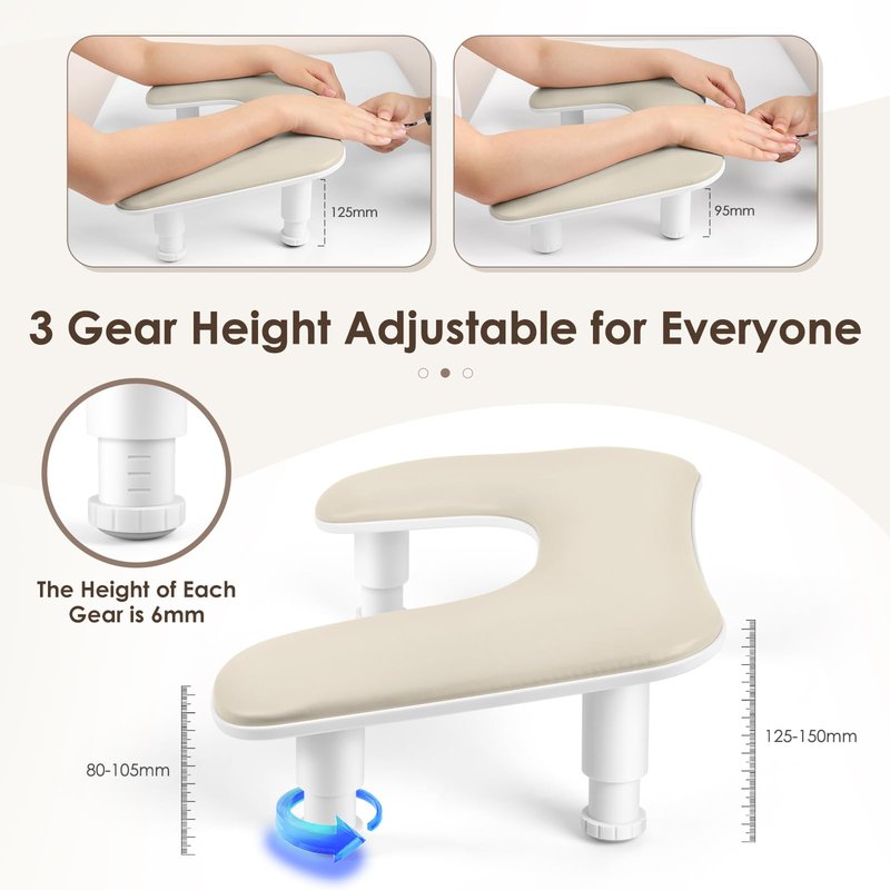 Manicure Arm Rest for Nails Tech: U-shaped Adjustable Nail Armrest - Beige PU Leather Hand Stand Rest for Manicurists