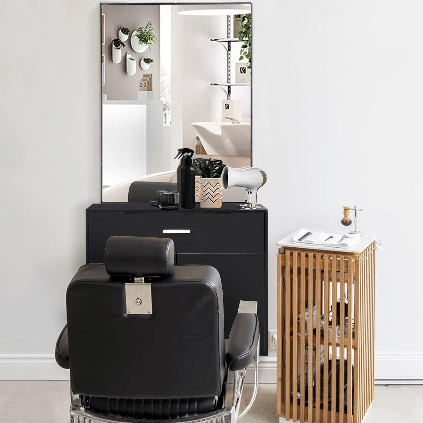 Wall Mount Salon Station - Stylish Barber Station with Mirror, Storage Cabinet & 2 Hair Dryer Holders | Black
