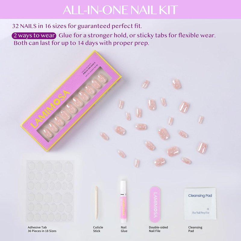 32Pcs Chrome Press On Nails - Short Square Soft Gel Fake Nails | 16 Sizes, Reusable Glue-On Kit