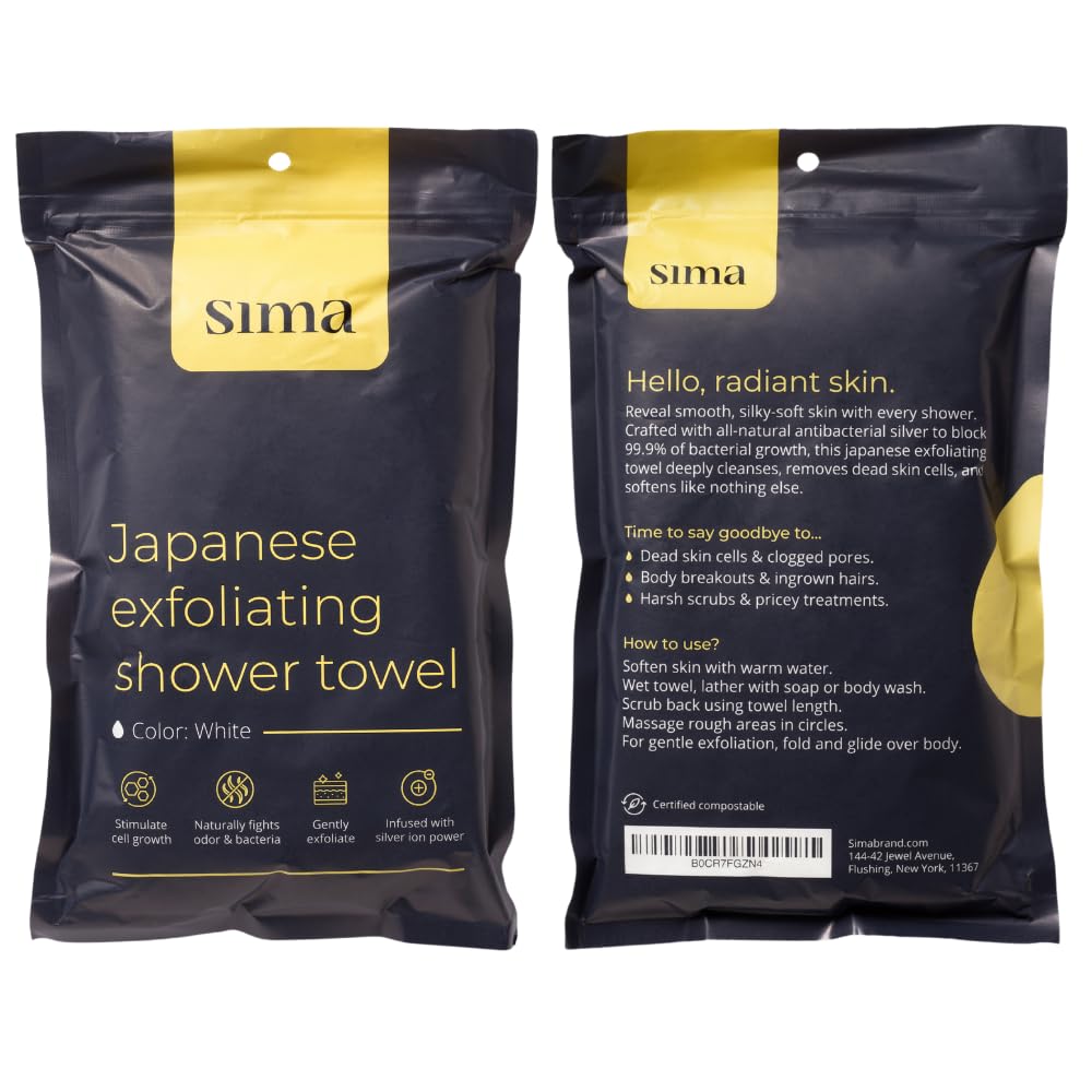 Sima Brand Exfoliating Washcloth Face & Body Scrub Towel - Japanese Exfoliating Towel with Hexagon Fibers, Body Scrubber with 2 Sides for Scrubbing & Washing, Extra Long Towels (White, 3 Pack)