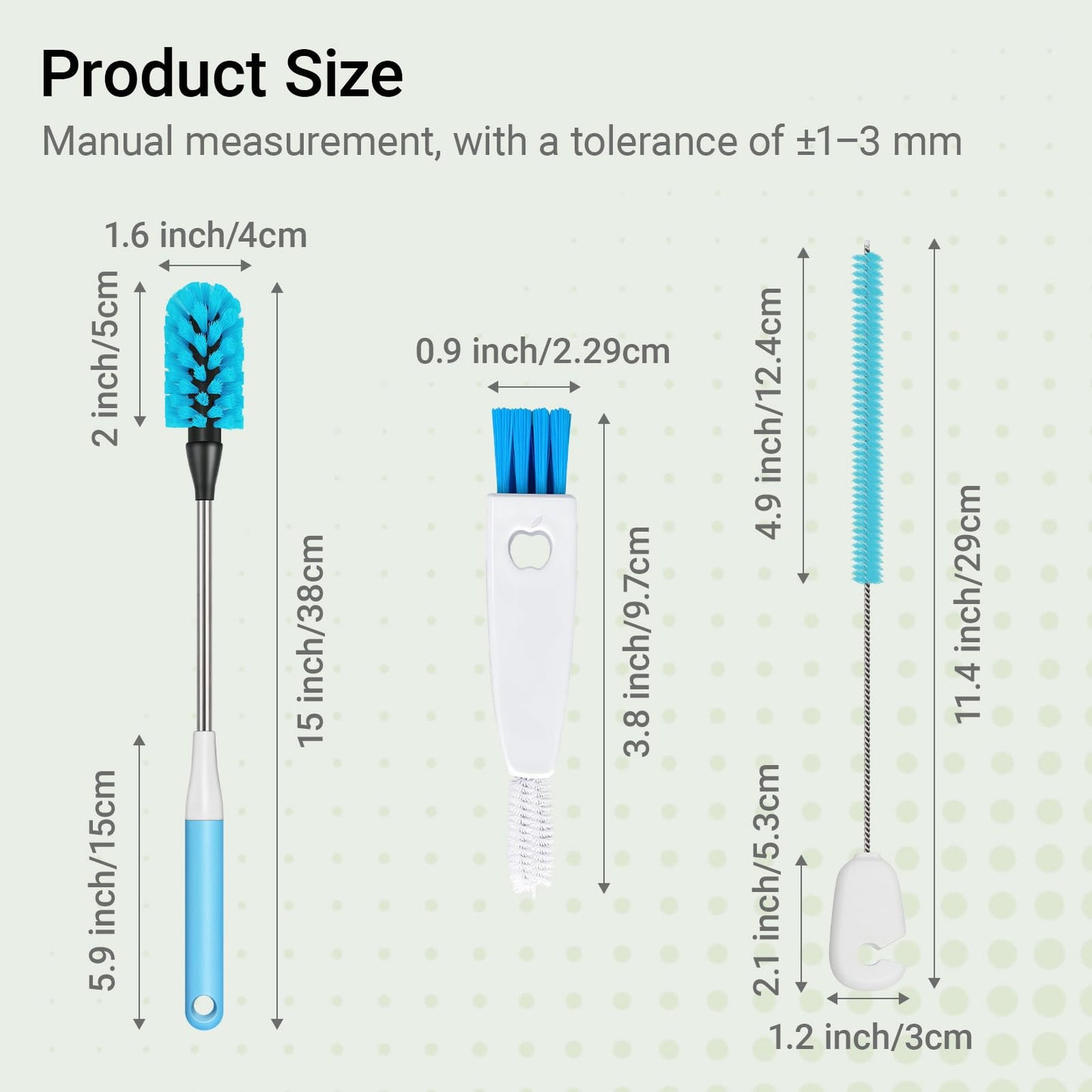 3-in-1 Bottle Brush, 15 Inches Long Handle Kitchen Water Bottle Brush, Stainless Steel Bottle Cleaner Brush with Straw Brush & Lid Brushe for Cleaning Wine Glasses,Coffee Mugs,Tumblers,Wine Decanters
