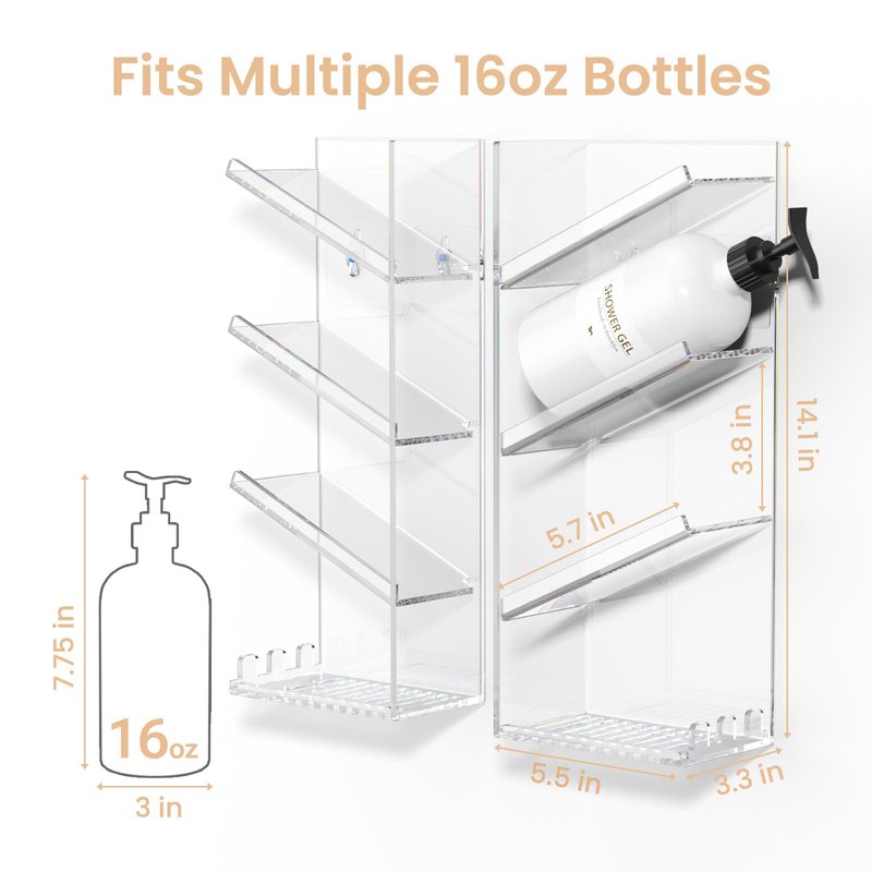 AITEE Acrylic Bathroom Organizer Caddy, Clear Shampoo Holder Wall Mounted, Shower Organizer with Suction Cup, No Drilling and Rustproof, Sturdy and Durable - Combination Shelf