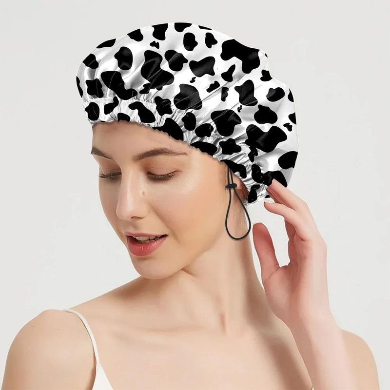 BHAHB 2 PCS Shower Cap Reusable Waterproof Double Layer Elastic Adjustable Hair Bath Caps Cute Aesthetic for Women Girls-Cow leopard