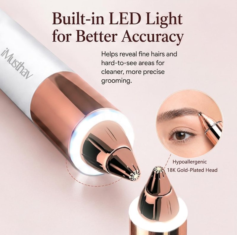 Eyebrow Trimmer for Women - Precise & Painless Electric Razor with LED Light | Travel-Friendly Gold-Plated Design