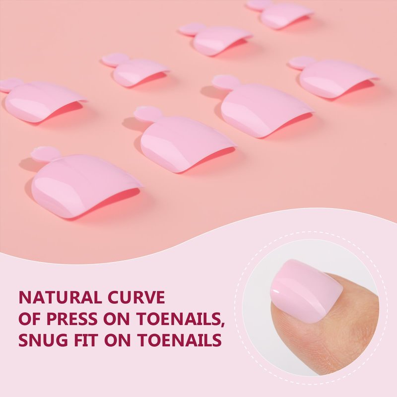 Makartt Press on Nails: Short Glossy Pink Toenail Kit with Glue, 24PCS Natural Fit for Women, Includes Adhesive Tabs, Stick, and File, Pedicure Set for Home Salon