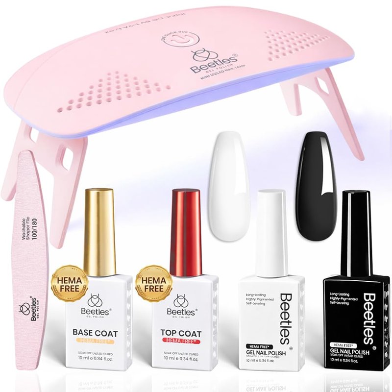 Beetles Gel Nail Kit - HEMA-Free 10ML White & Black Polish Set with UV Light | DIY Manicure Essentials