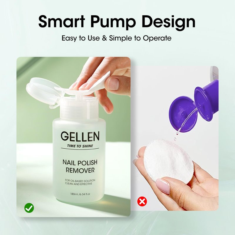 Gellen Nail Polish Remover, Non Acetone Nail Polish Removal for Regular Nail Polishes, Jasmine Scent Healthy Nail Polish Remover with Easy Push-down Pump, 6.09 Fl Oz